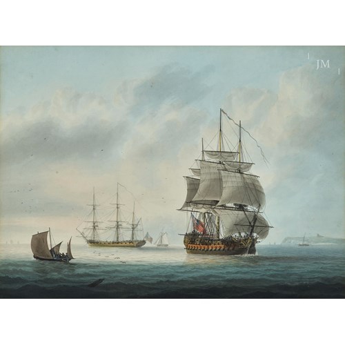A Royal Navy 74-gun Ship arriving in the Downs, with a Frigate at Anchor beyond